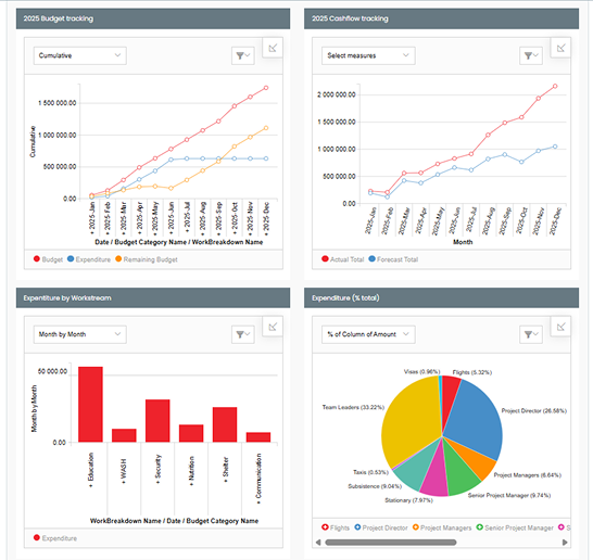 Screenshot of the dashboard showing budget, cash-flow and expenditure charts